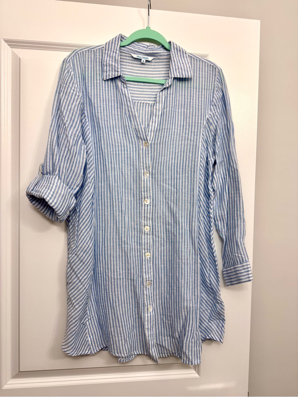 Blue Island Women’s Blue & White Striped Button-Up Shirt Tunic Swim Cover-Up M